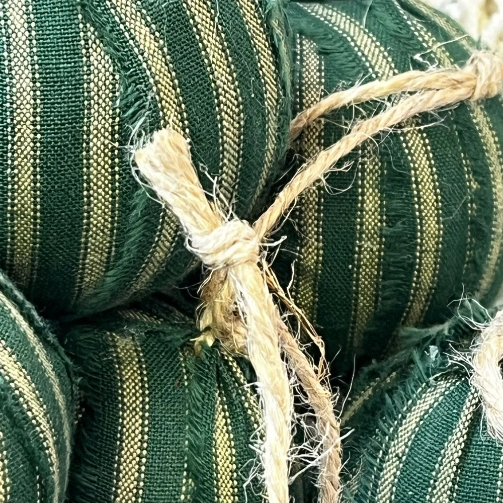10 Primitive green stripe Fabric RAG BALLS Christmas Ornaments farmhouse decor